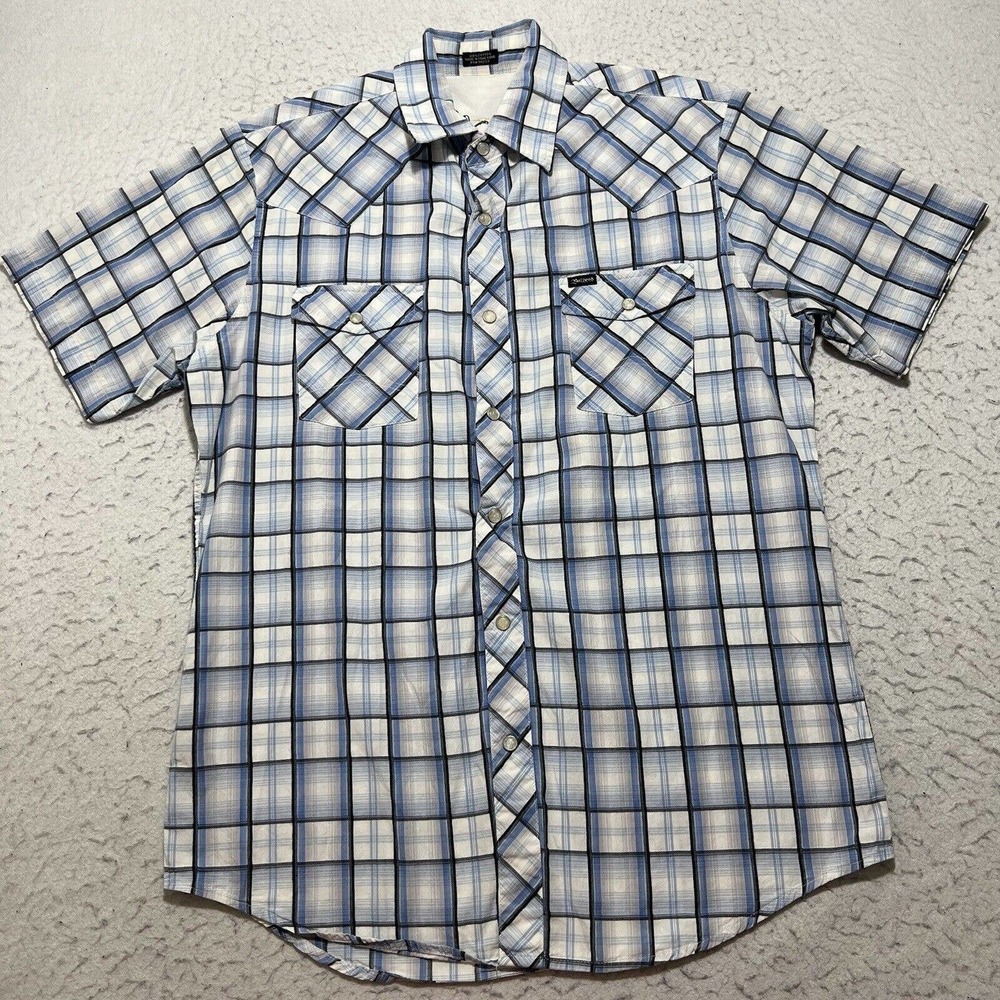 Bullhead Men's Medium Western Pearl Snap Button Short Sleeve Blue Plaid Shirt